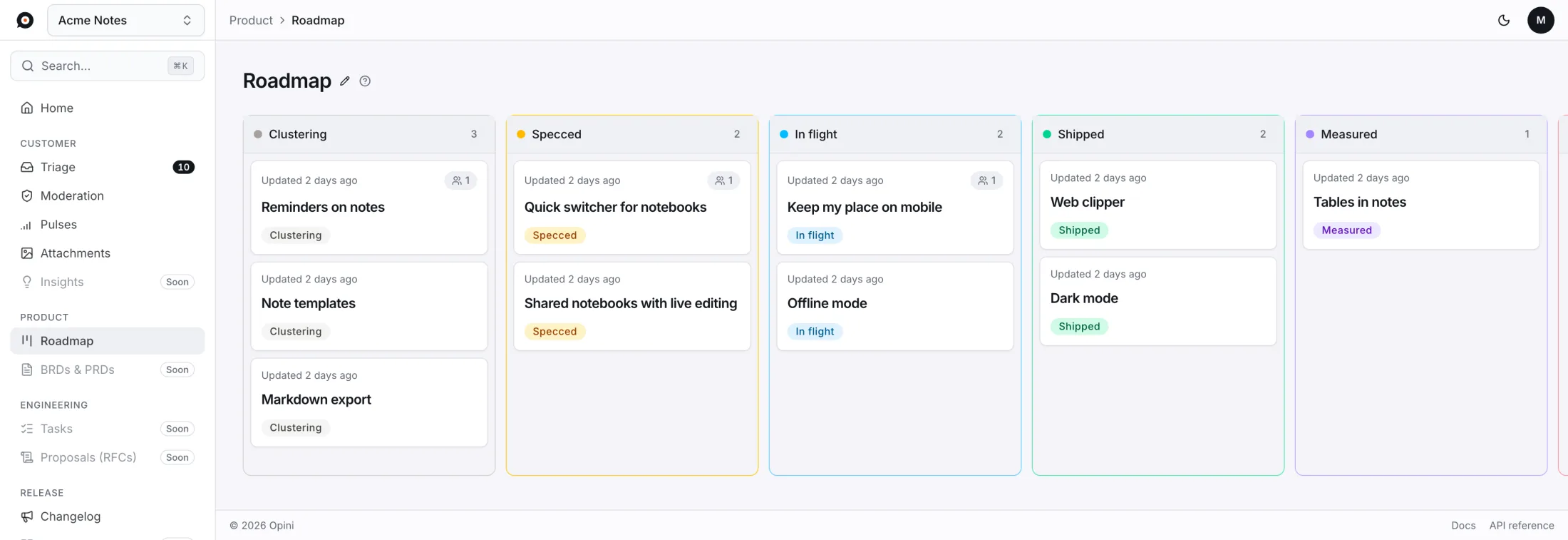 The Opini roadmap board with ideas grouped by stage, from clustering to shipped.