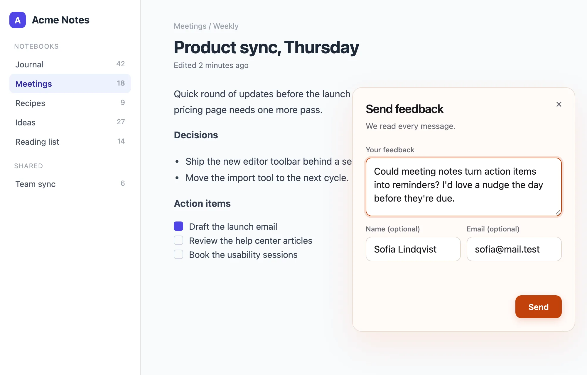 The Opini feedback widget open on a note-taking app, with a message typed in.